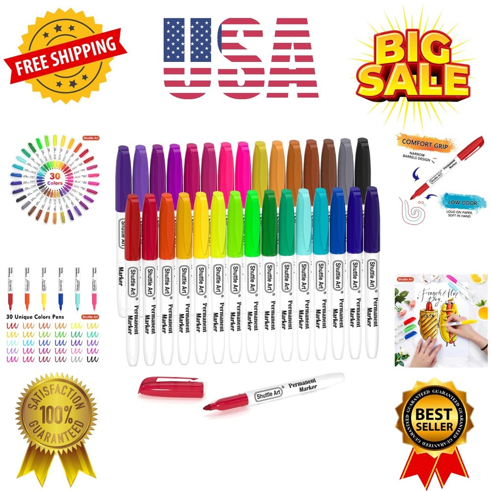 30 Colors Permanent Markers, Fine Point, Assorted Colors, Works on Plastic,Wo…