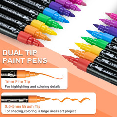TANMIT 24 Colors Dual Tip Acrylic Paint Markers, Paint Pens Set with Brush Tip a