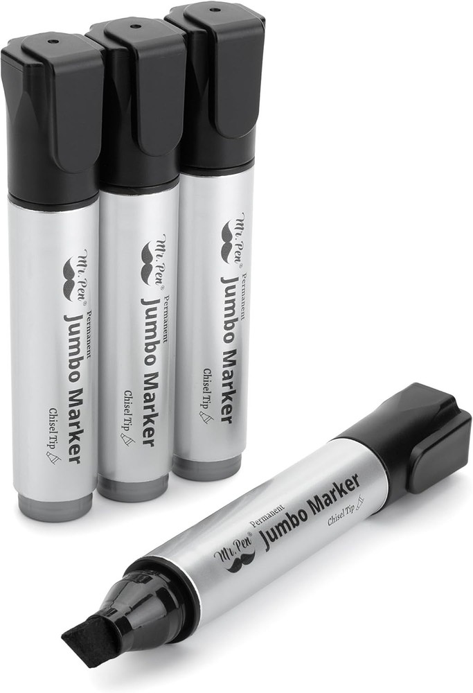 Mr. Pen Jumbo Permanent Markers 4 Pack, Black Chisel Tip for Wood/Glass