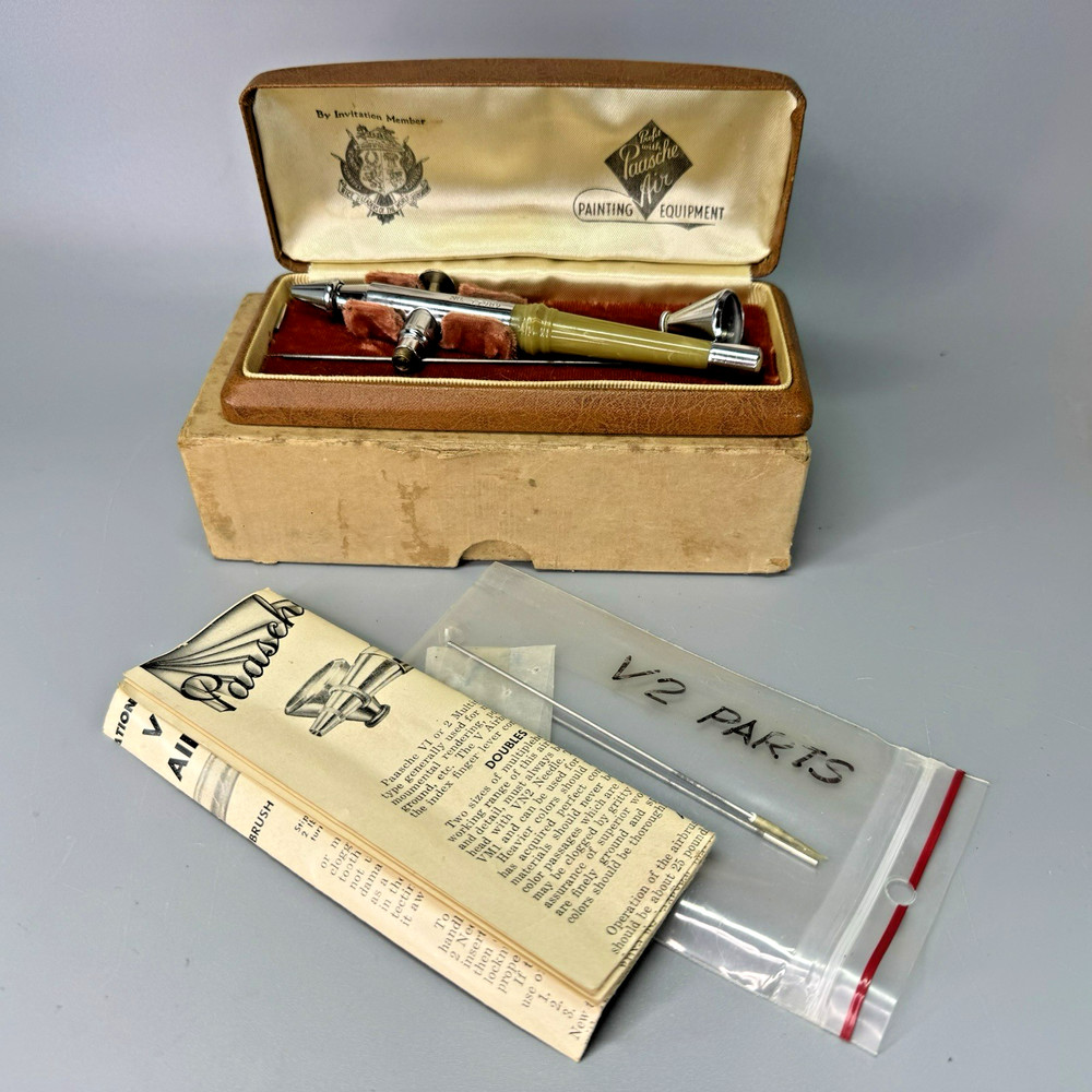 Vtg PAASCHE Airbrush Type V Green Swirl Handle Box Case Parts Paperwork