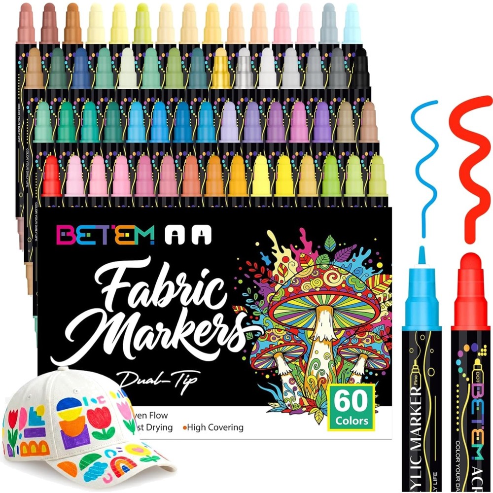 60 Colors Dual Tip Acrylic Paint Markers, Fabric Decorating Kits Water-Based…