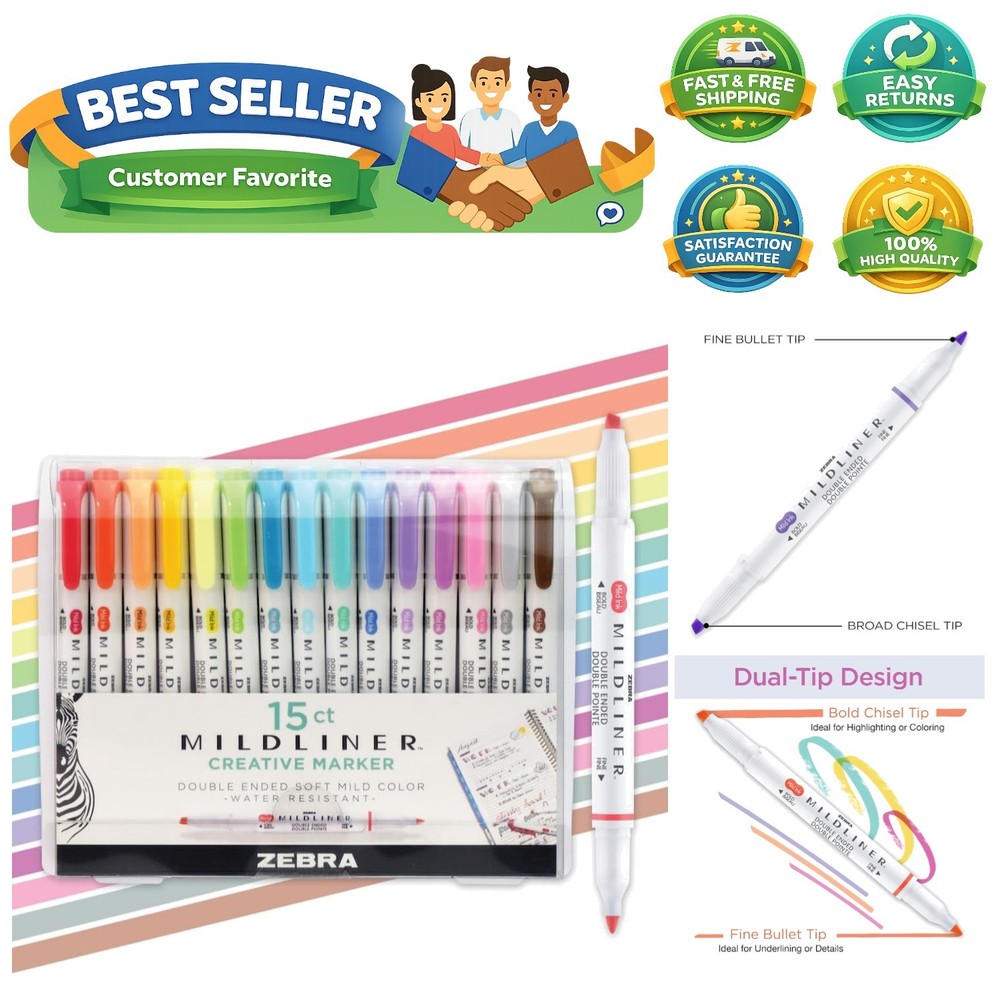 Mildliner Dual-Tip Highlighter Marker Set, Broad and Fine Point Tips, No Blee…