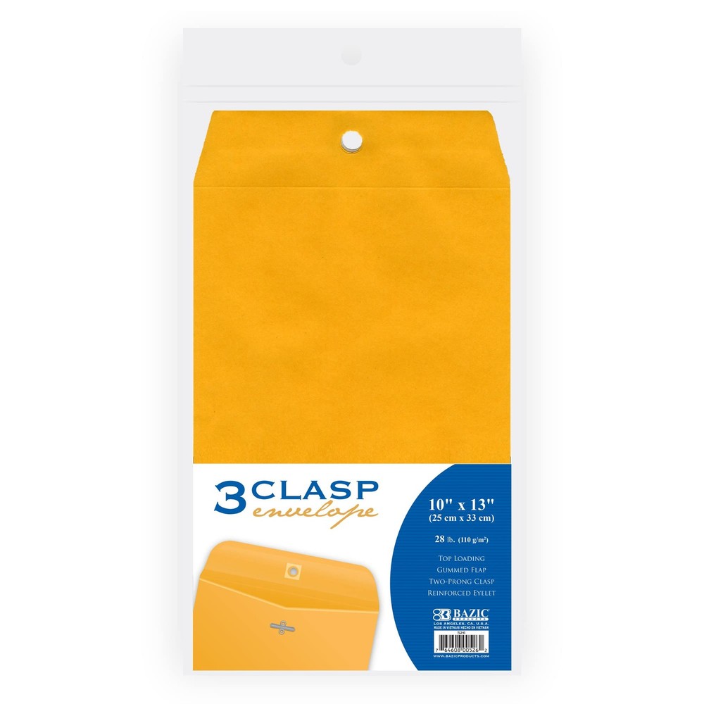 BAZIC PRODUCTS Clasp Envelope 10 x 13 Gummed Seal Eyelet Closure Brown Kraft
