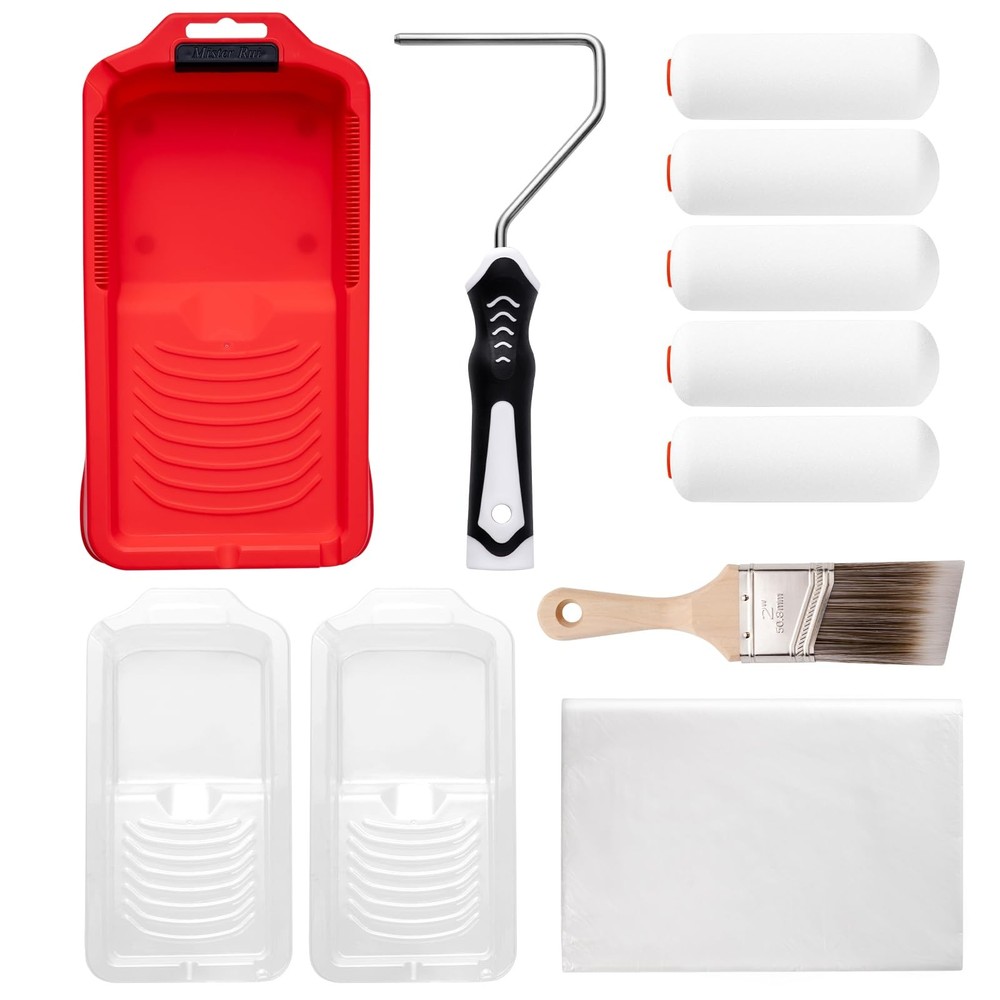 4 Inch Paint Roller Kit 11PCS Foam Rollers Tray Brush Set Mister Rui Red
