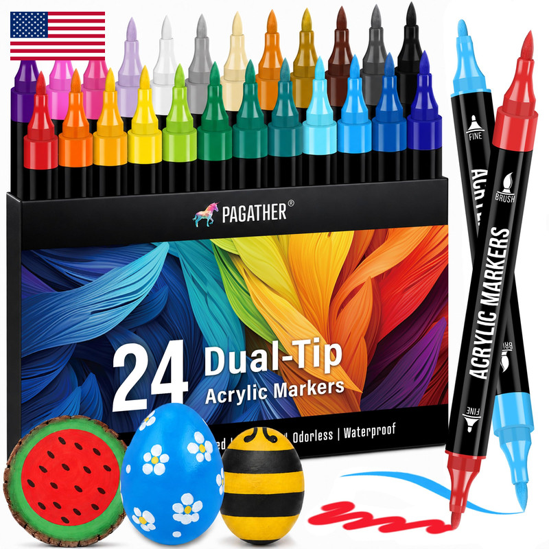 Pagather 24 Colors Acrylic Paint Markers Dual Tip Fine Tip And Brush Tip Pens