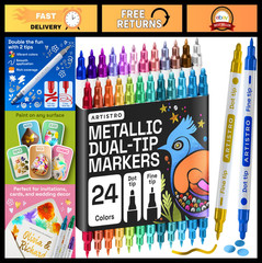 24 Metallic Dual-Tip Acrylic Paint Markers Set – Fine & Dot Tips for Fabric, Roc