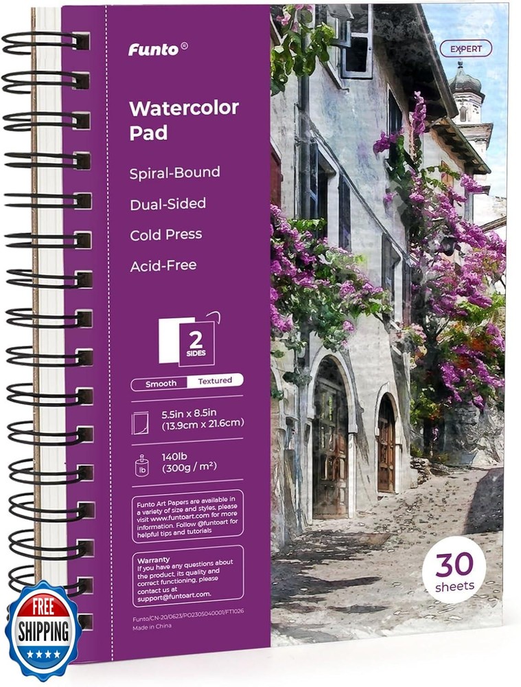 Funto Watercolor Pad 5.5×8.5, 30 Sheets, 140lb/300gsm, Double-Sided Cold Pres