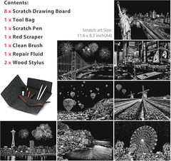 Scratch Painting Kits for Adults & Kids, Rainbow Painting Night View Scratchboar