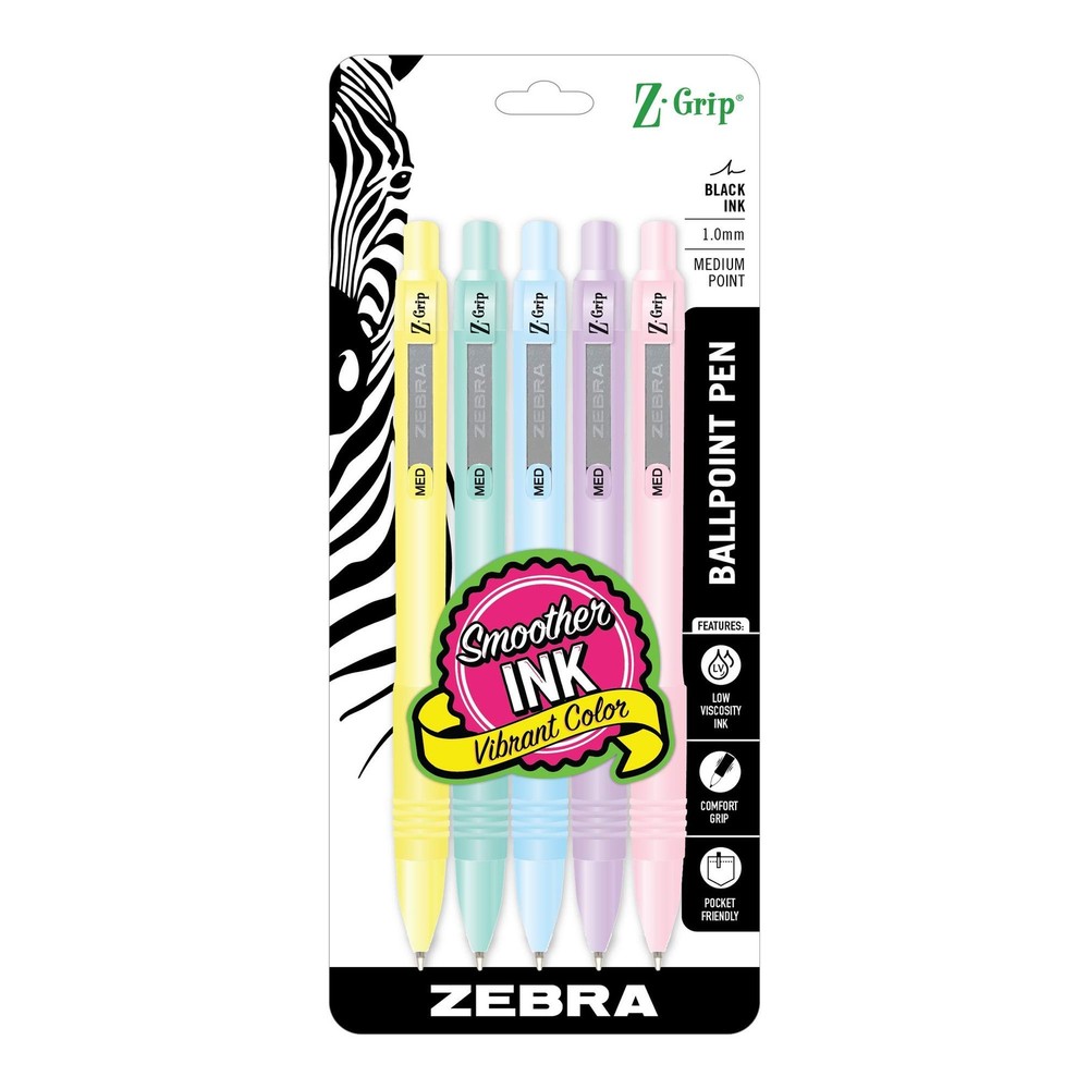 Zebra Pen Z-Grip Pastel Retractable Ballpoint Pen, 1.0mm, Black Ink, 5-Pack