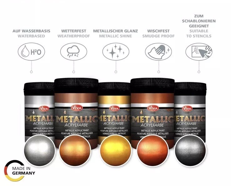 Metallic Acrylic Paint (Silver, Silver Grey, Gold, Bronze, Copper, 5 x 100 ml)