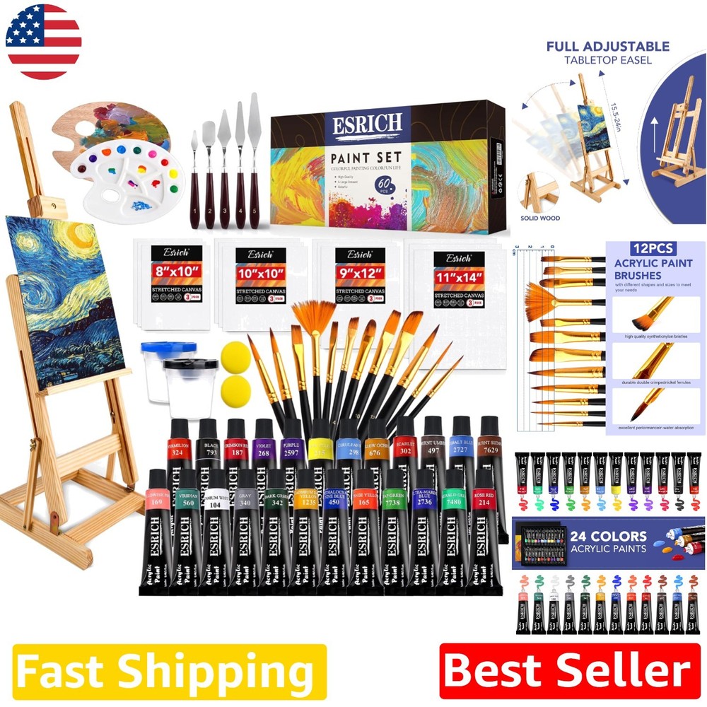 Pro Acrylic Paint Set 60pc: 24 Vivid Colors, Easel, Brushes, Blank Canvases