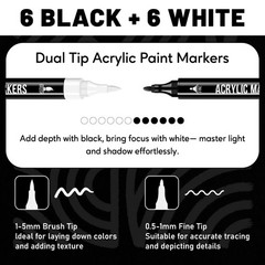 Pagather Black and White Acrylic Paint Markers, 12 Pack Dual Tip with Fine Tip