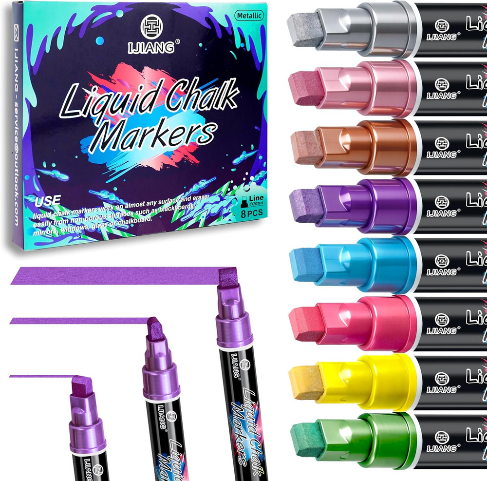 Metallic Chalk Markers 8 Colors, Jumbo Liquid Chalk Markers with 10Mm 3-In-1 Tip