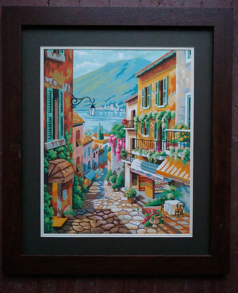 LARGE PAINT BY NUMBER 28 x 24″ Cafe Street Scene Lake MOUNTAIN handmade