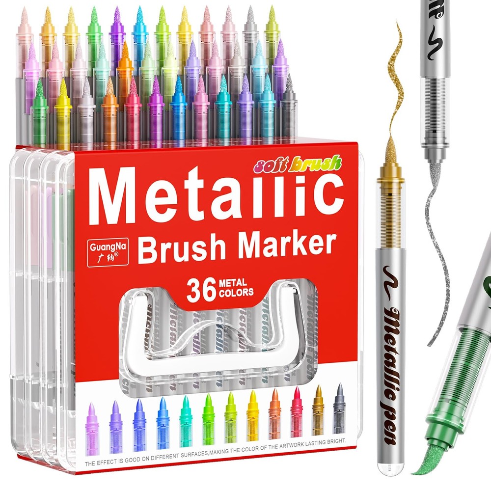 36 Colors Metallic Soft Brush Markers Case Acrylic Paint NonBleed Ink Art