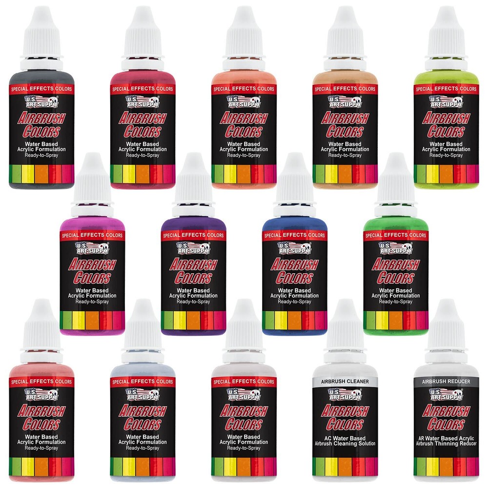 U.S. Art Supply 12 Color 1oz Pearlescent AIRBRUSH Paint Set w Cleaner & Thinner