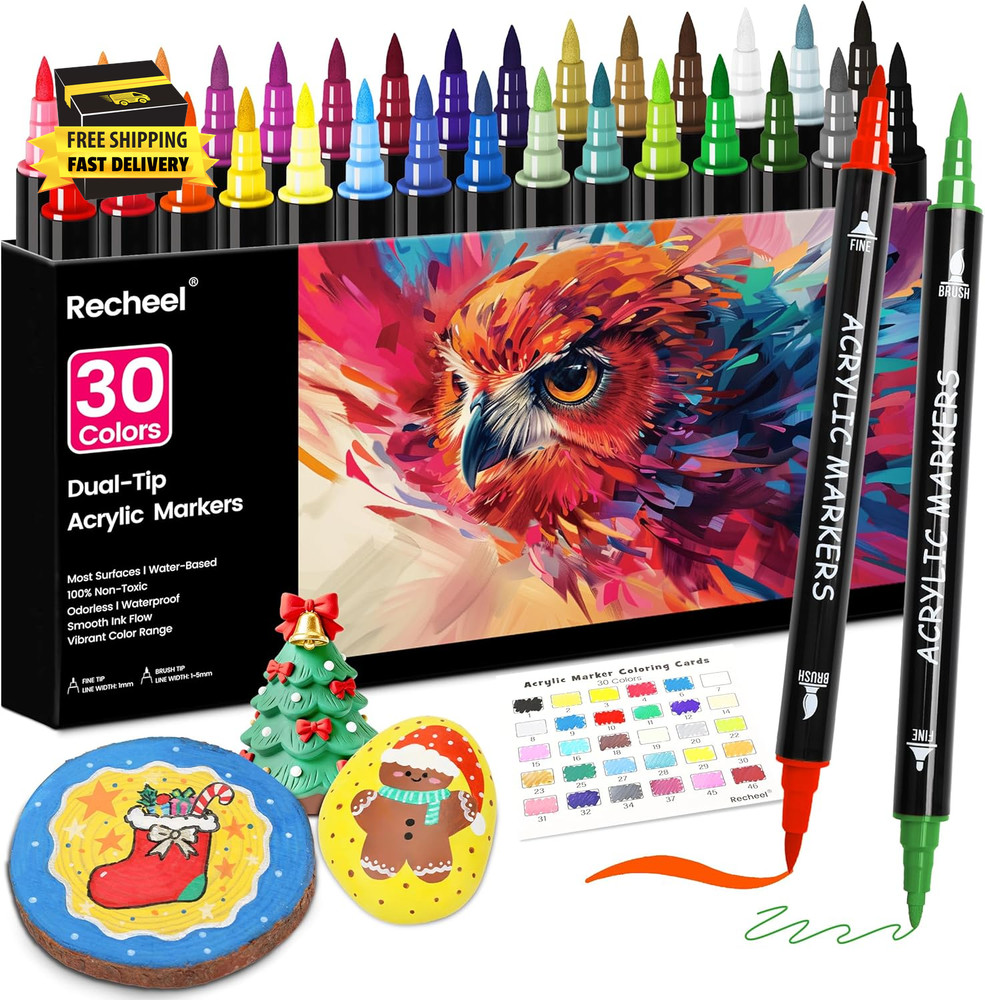 30 Colors Acrylic Paint Markers, Dual Tip Fine and Brush Tips for Detailed Art,