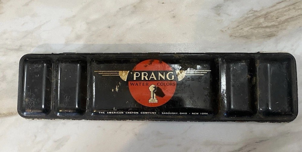VINTAGE PRANG Eight Water Colors Paint Travel Black Tin 8 Spots