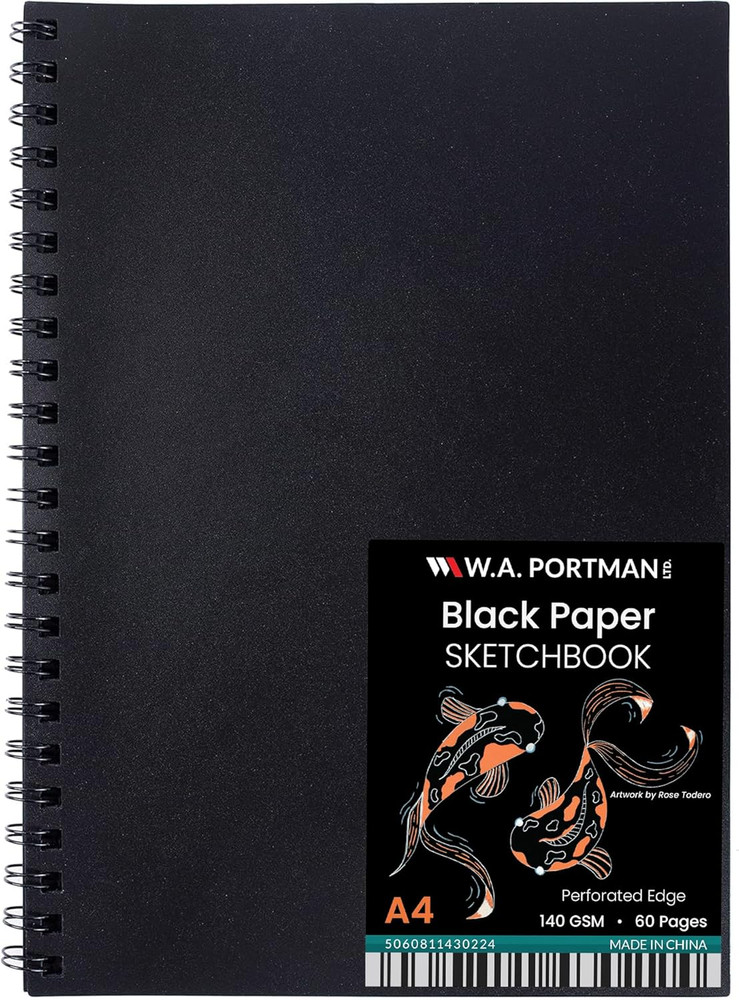 60 Page A4 Black Paper Sketchbook, 140 GSM Acid-Free Spiral Journal