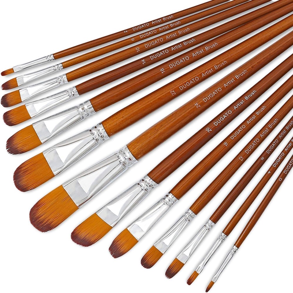 DUGATO Artist Filbert Paint Brushes Set 13pcs, 13pcs Brush Set, Brown