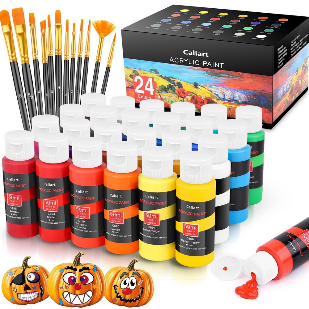 Acrylic Paint Set with 12 Brushes, 24 Colors Wood Craft Paints for Adults Kid…