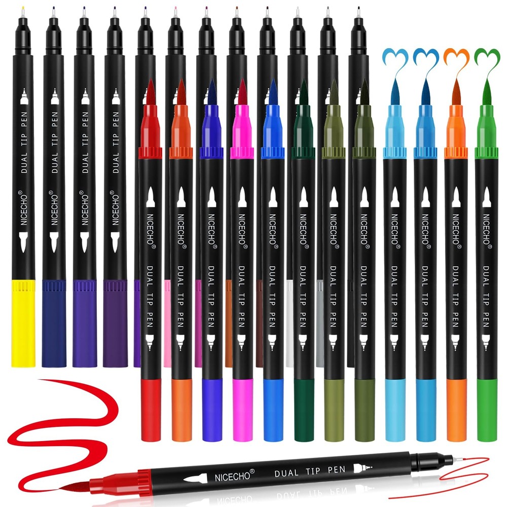 Nicecho 24 Colors Dual Tip Art Markers Pens for Adult Coloring Books, Brush a…