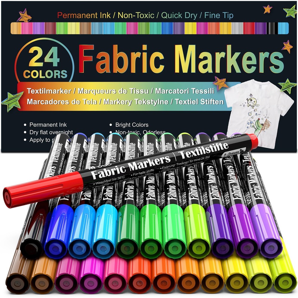 Fabric Markers Permanent For Clothes, 24 Colors Fabric Paint Pens 24 colors
