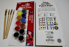 Acrylic Paint Pots 12 Baisic Colors Essentials by Leisure Arts with 4 Brushes