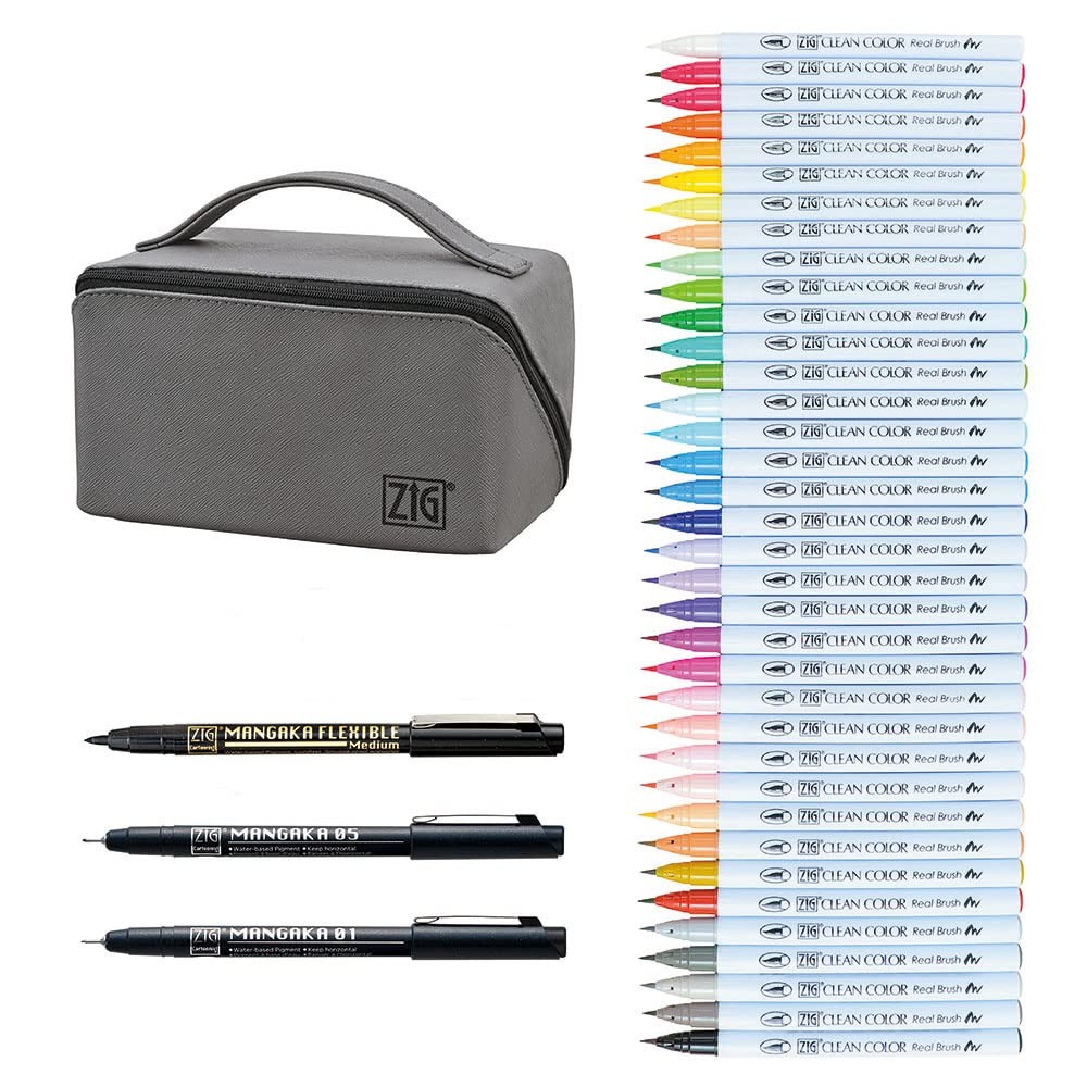 Kuretake ZIG Real Brush + MANGAKA: 39-Color Deluxe Kit with Pouch
