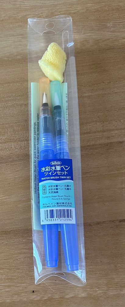 HOLBEIN Water Brush Pen Twin Set Medium Large Round Brush w/Sponge Japan