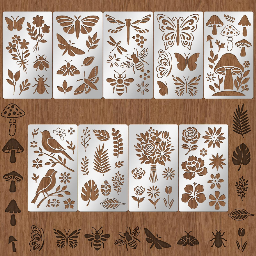 Twinklemon 9Pcs Metal Stencils Wood Burning Stencil Plant And Insect Mixed