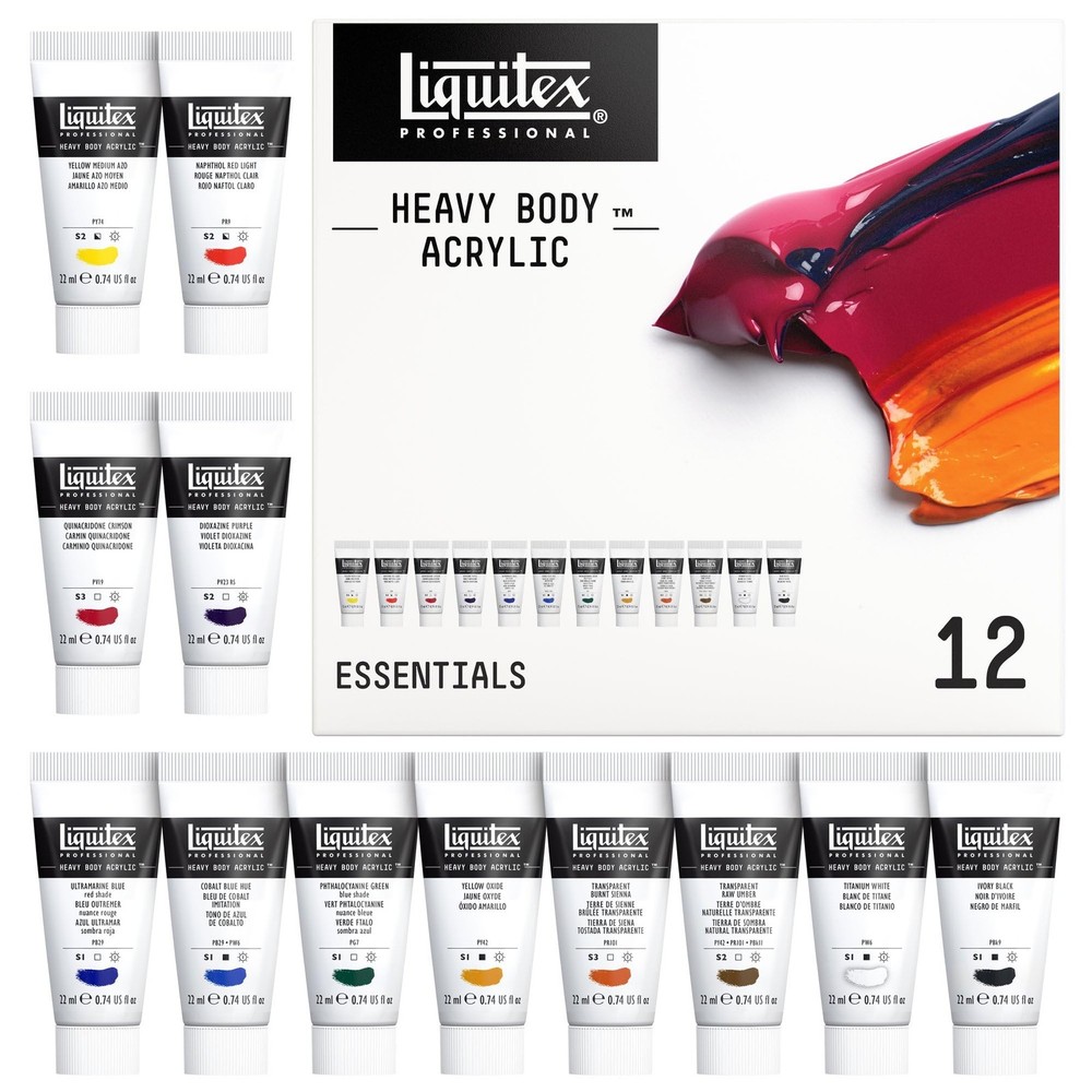Professional Heavy Body Acrylic Paint, 12 x 22ml (0.74-oz), Essentials Set