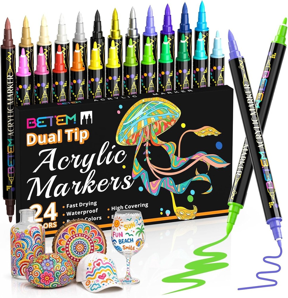 Betem 24 Colors Dual Tip Acrylic Paint Pens Fine & Brush Markers Art Craft Set