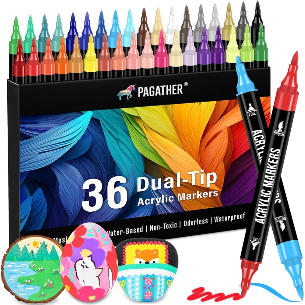 Acrylic Paint Markers 36 Colors Dual Tip Fine Brush Tip Pens