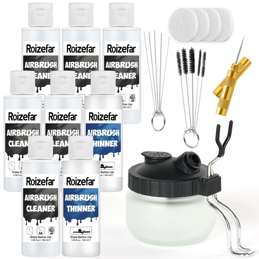 Airbrush Cleaning Kit with Pot, 6 Cleaners & 2 Thinners – Works with Acrylics &