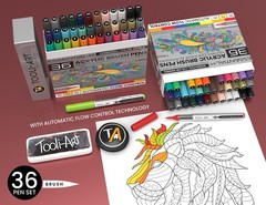 36 Essential Flexible Brush Acrylic Paint Pens AUTOMATIC FLOW CONTROL 1-5mm