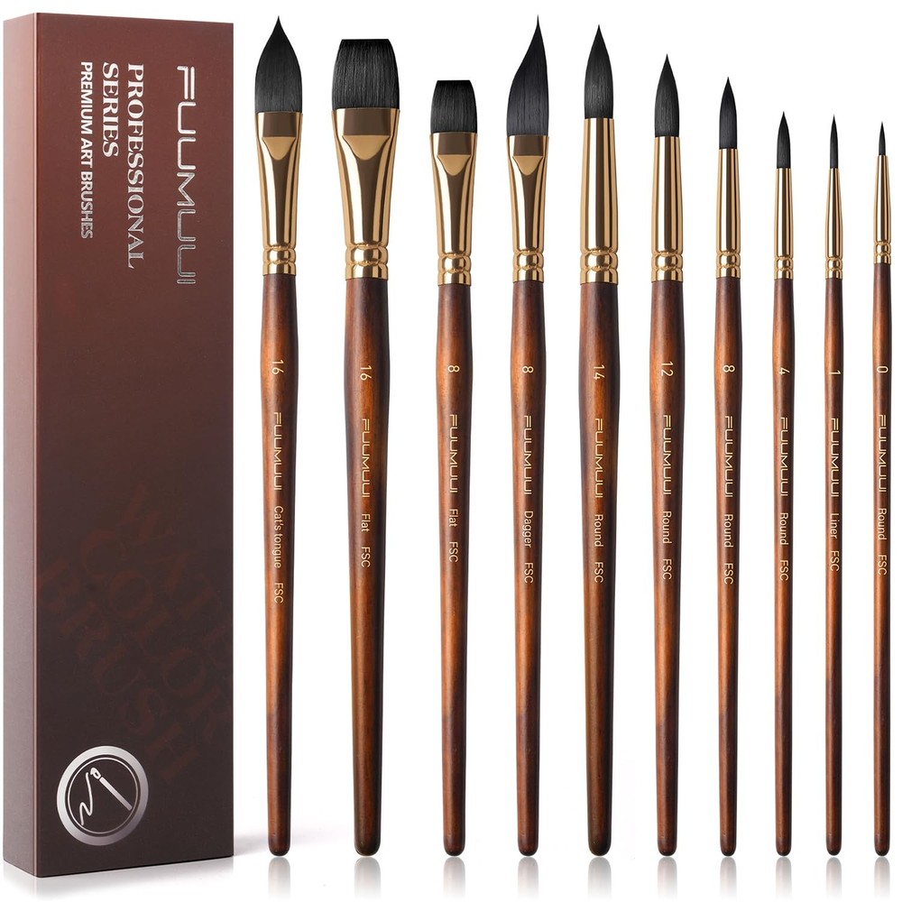 Watercolor Brushes Professional, 10Pcs Synthetic Squirrel Hair Water Color Pa…