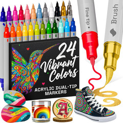 24 Acrylic Paint Markers – Paint Pens for Drawing, Brush + Fine Tips – for Fabri