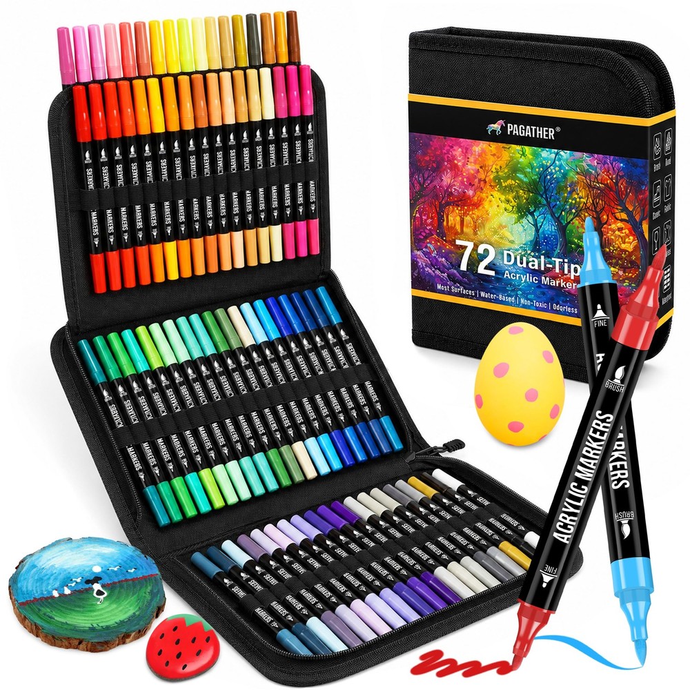 72 Colors Acrylic Paint Markers, Dual Tip with Fine Tip and Brush Tip Pens fo…