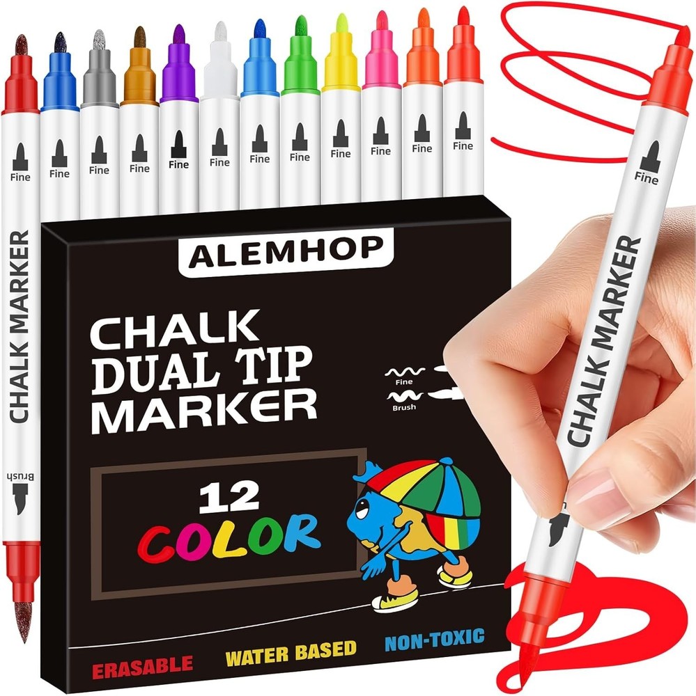Liquid Chalk Markers Dual Tip,12 Colors Washable Car Chalk Window Markers Pen