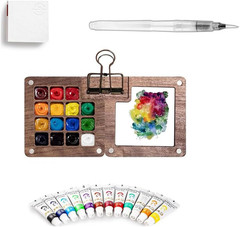 Outdoor Watercolor Set, 12 Solid Paints in Walnut Wooden Palette Box with Mixing