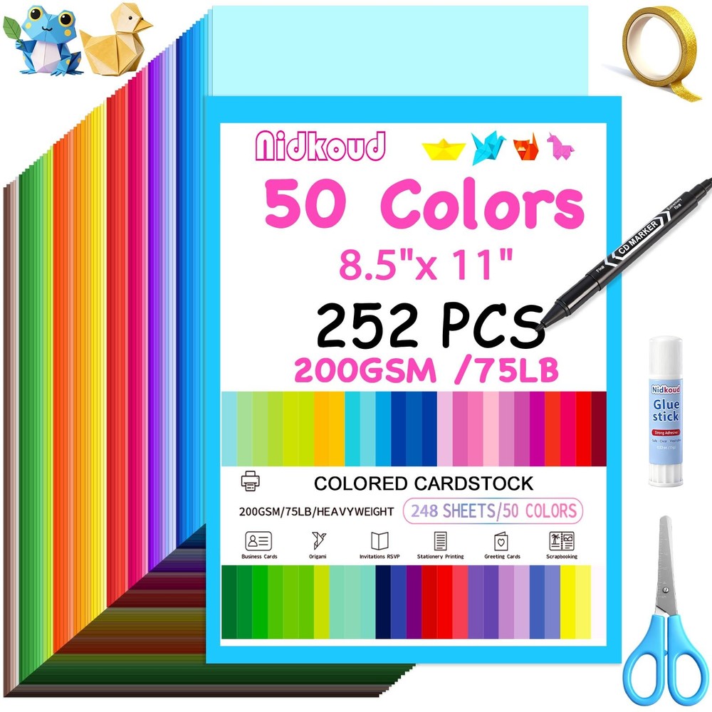252 PCS Colored Cardstock 8.5×11 Inch 50 Assorted Colors 200gsm Craft Paper