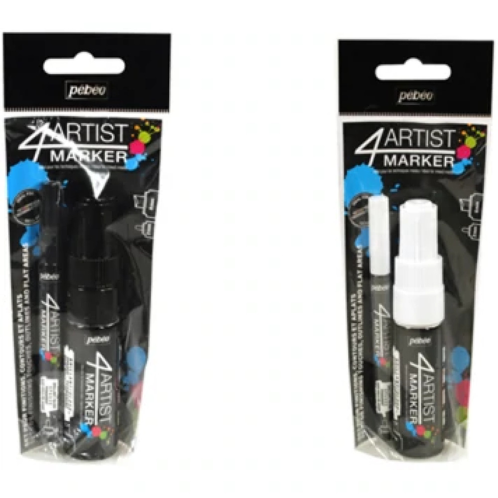 PEBEO 4 ARTIST MARKER PENS SET DUO 1 ROUND ONE CHISEL 2 PKGS BLACK N SILVER