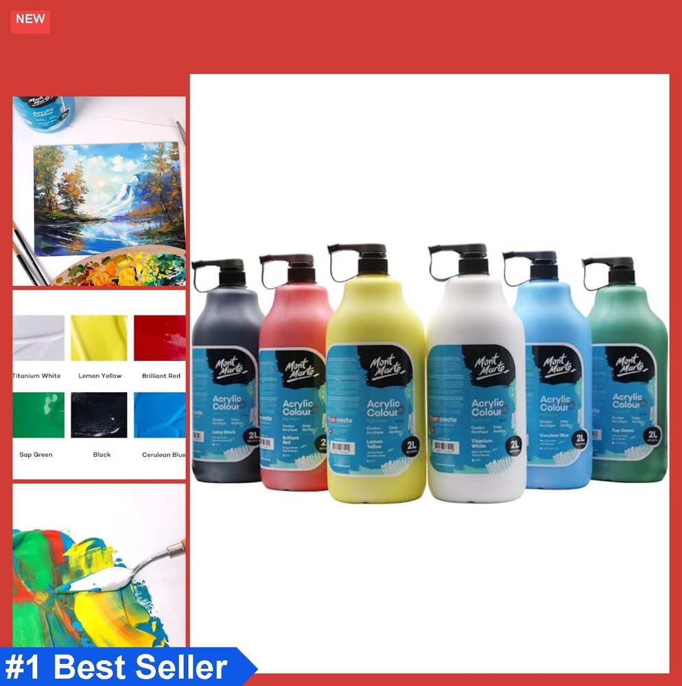 Acrylic Paint Set 6 Basic Colors 2 Liter Each Pump Lid Fast Drying Excellent