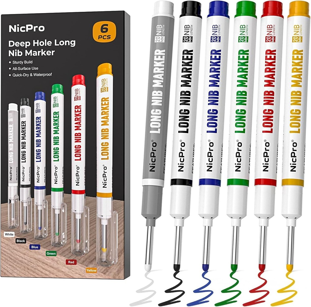 Nicpro 6 PCS Long Nib Marker Pens, 20mm Deep Hole Marker, 6 Pcs, Multicolor