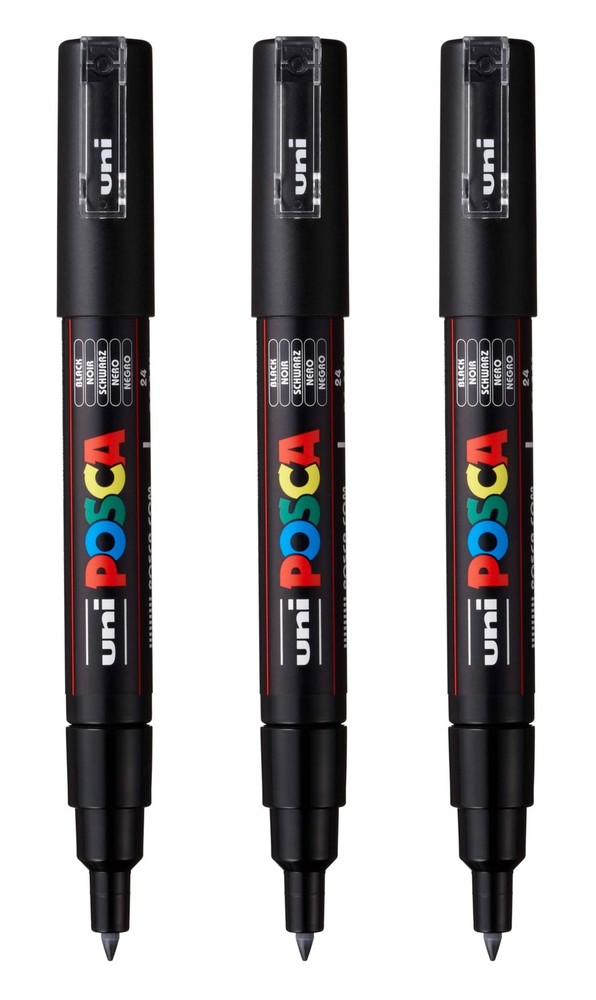 PC-1M Water-Based Paint Markers, Extra Fine Tip (0.7mm), Black, 3 Count