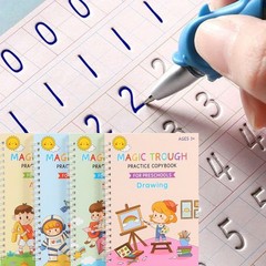 4 PC Reusable Grooved Writing Books for Kids, Magic Copy Books,Reusable Handl