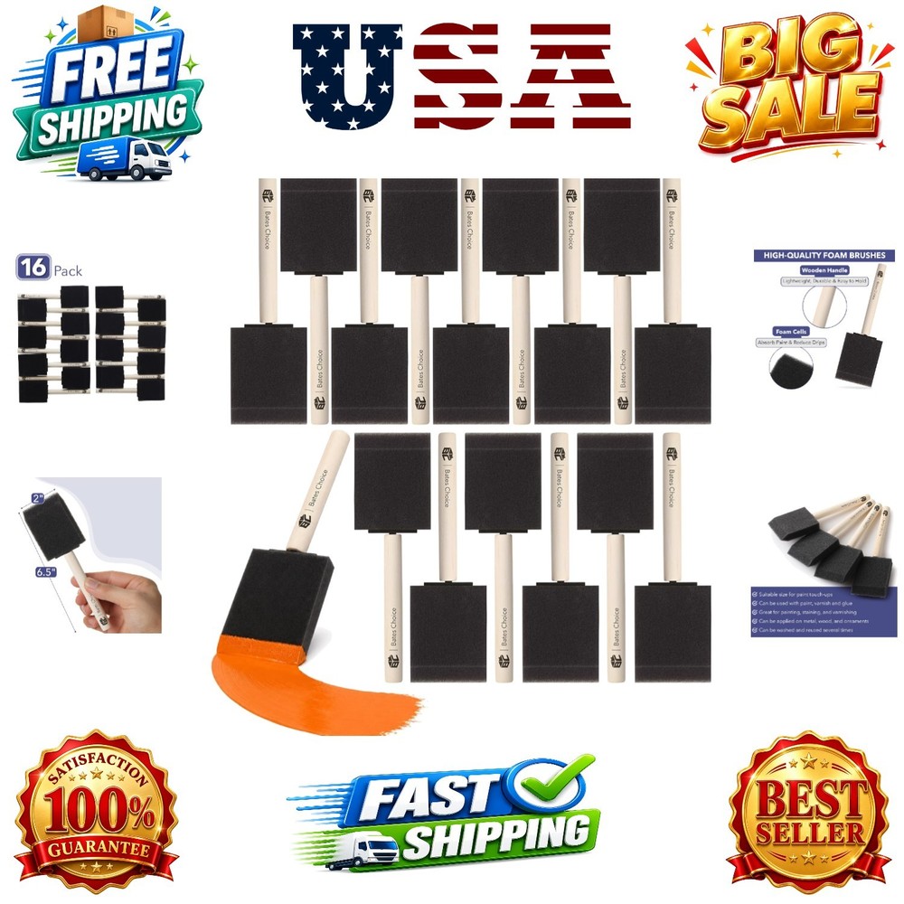 Bates- Foam Paint Brushes, 2 Inch, 16 Pack, Wooden Handle, Sponge Brushes for…