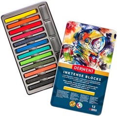 Derwent Inktense Blocks 12 Tin, Set of 12, 8mm 12 Count (Pack 1), Assorted