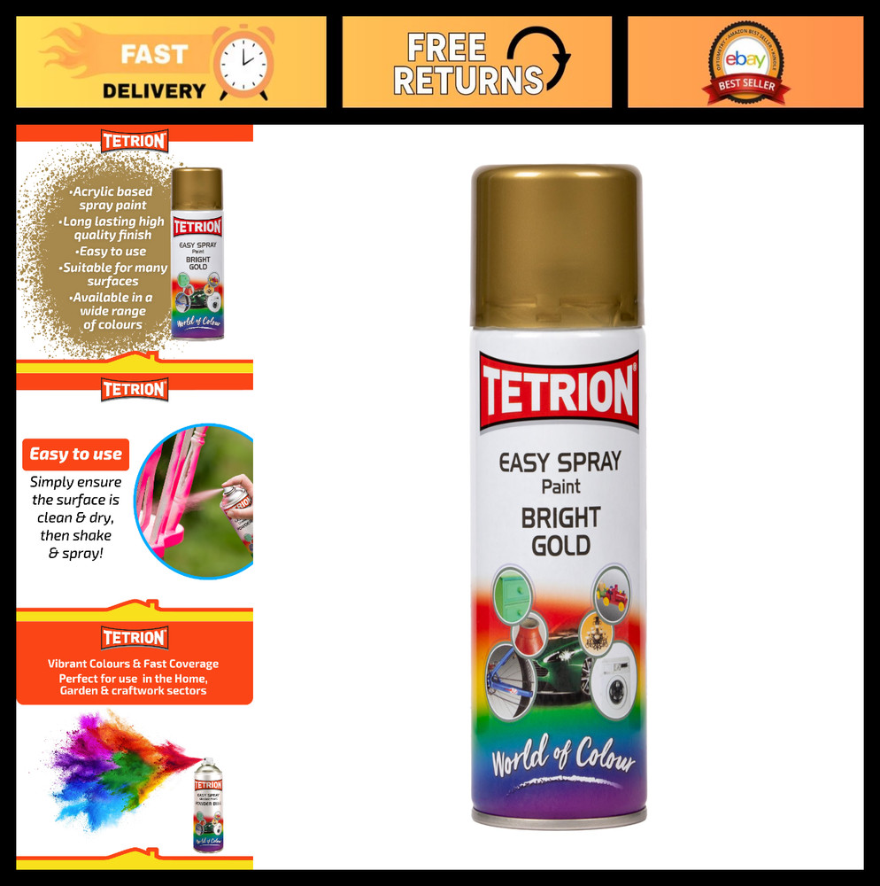 Bright Gold Spray Paint 400ml – Fast Drying Acrylic for Wood, Metal, Plastic & M